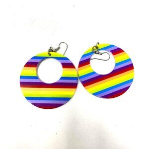 Vintage Psychedelic Rainbow 70's Style Circular Hoop Earrings Costume Party